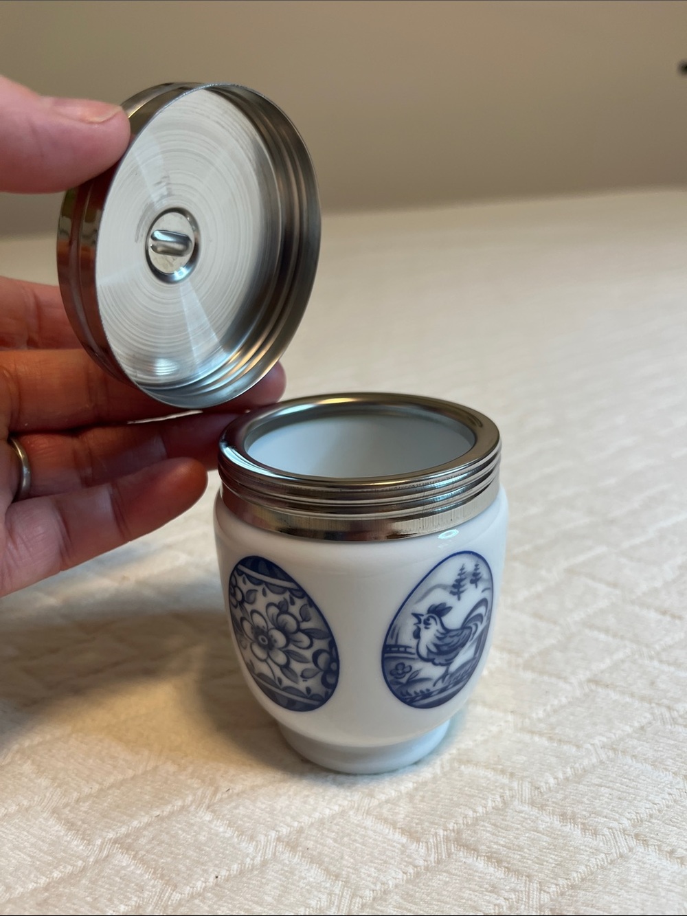 Royal Worcester egg coddler Blue and White Porcelain Trinket Jar with Silver Lid - Picture 4 of 6